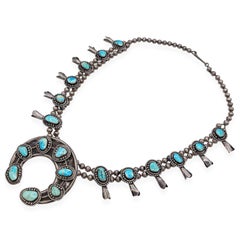 Vintage Sterling Silver and Turquoise Navajo Squash Blossom Necklace