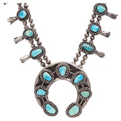 Vintage Sterling Silver and Turquoise Navajo Squash Blossom Necklace
