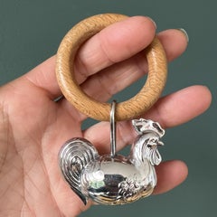 Vintage Sterling Silver and Wood Chicken Rooster Newborn Baby Rattle