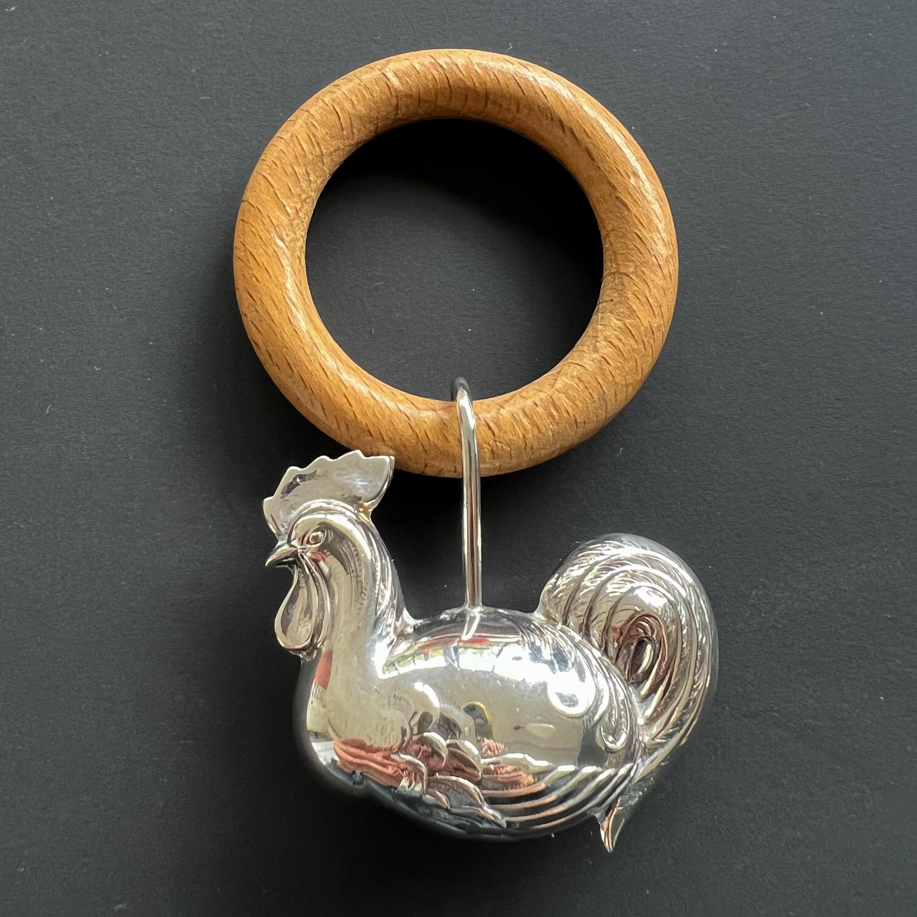 Contemporary Vintage Sterling Silver and Wood Chicken Rooster Newborn Baby Rattle For Sale