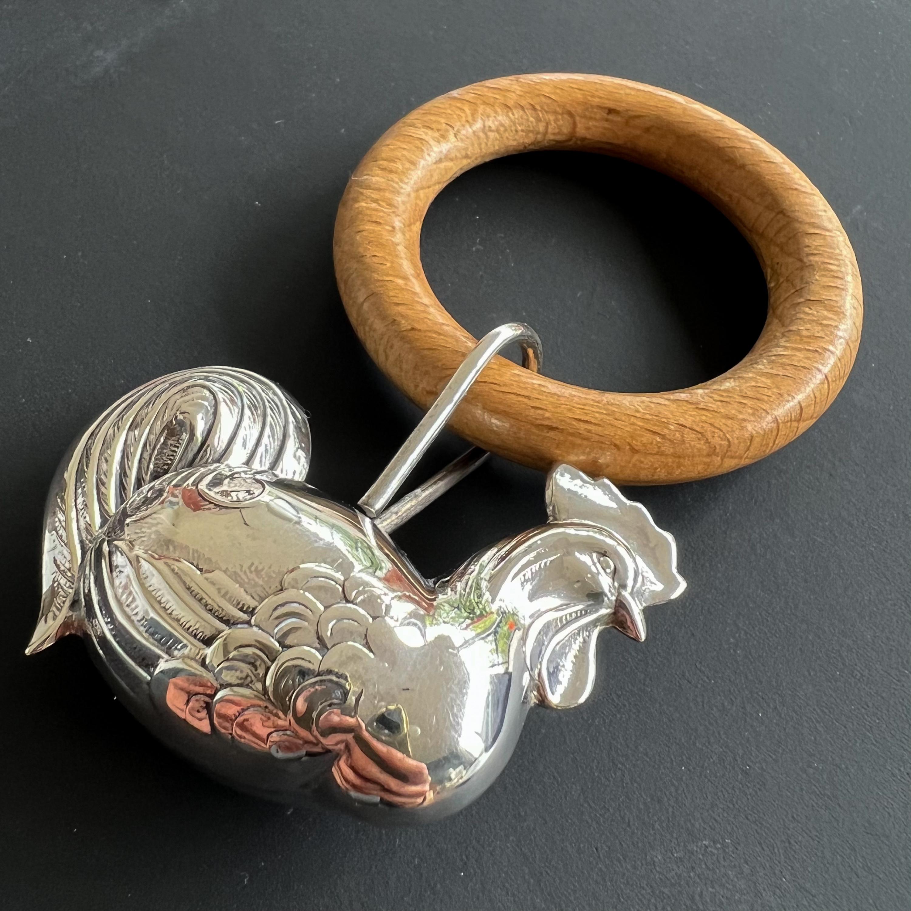 Women's or Men's Vintage Sterling Silver and Wood Chicken Rooster Newborn Baby Rattle For Sale