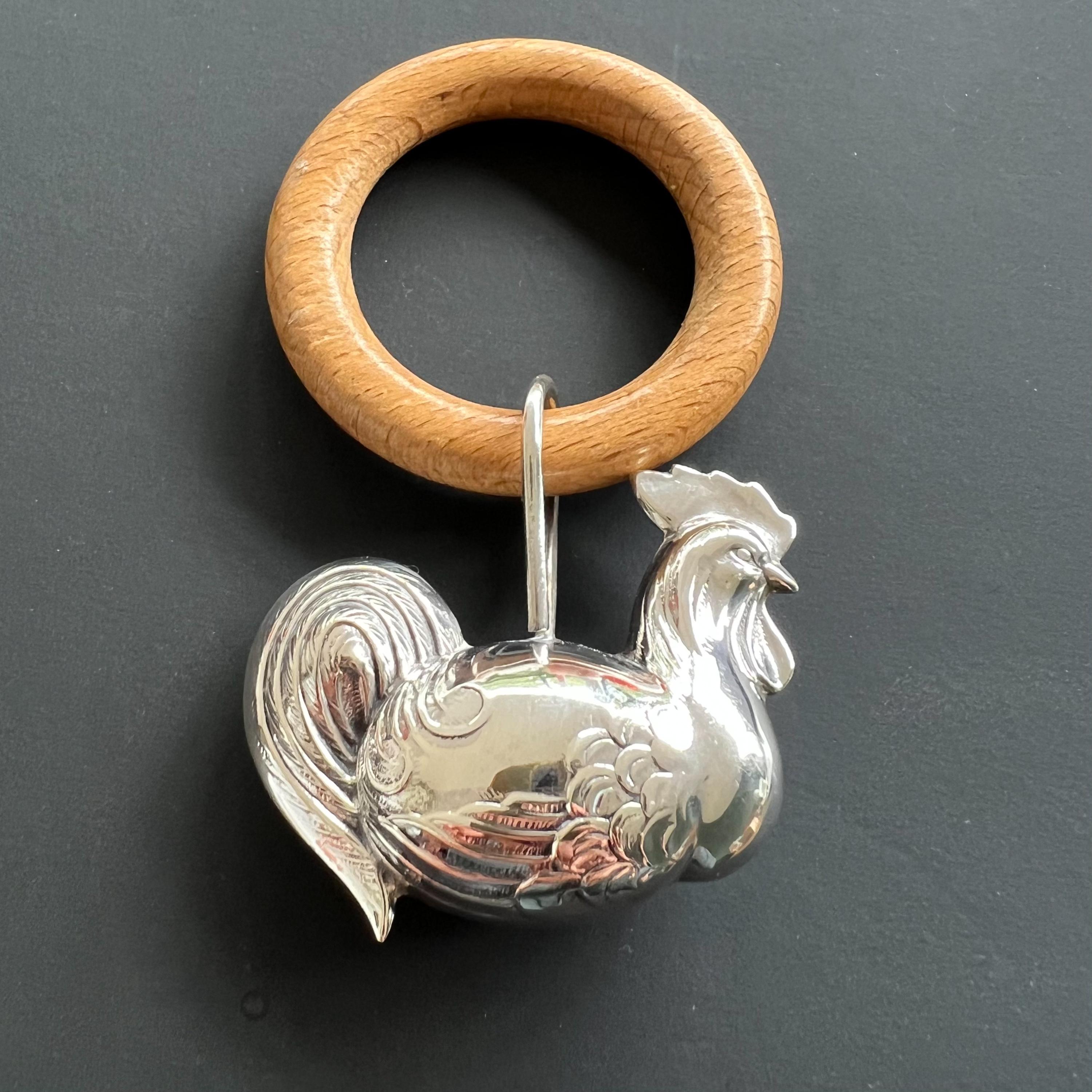 Vintage Sterling Silver and Wood Chicken Rooster Newborn Baby Rattle For Sale 2
