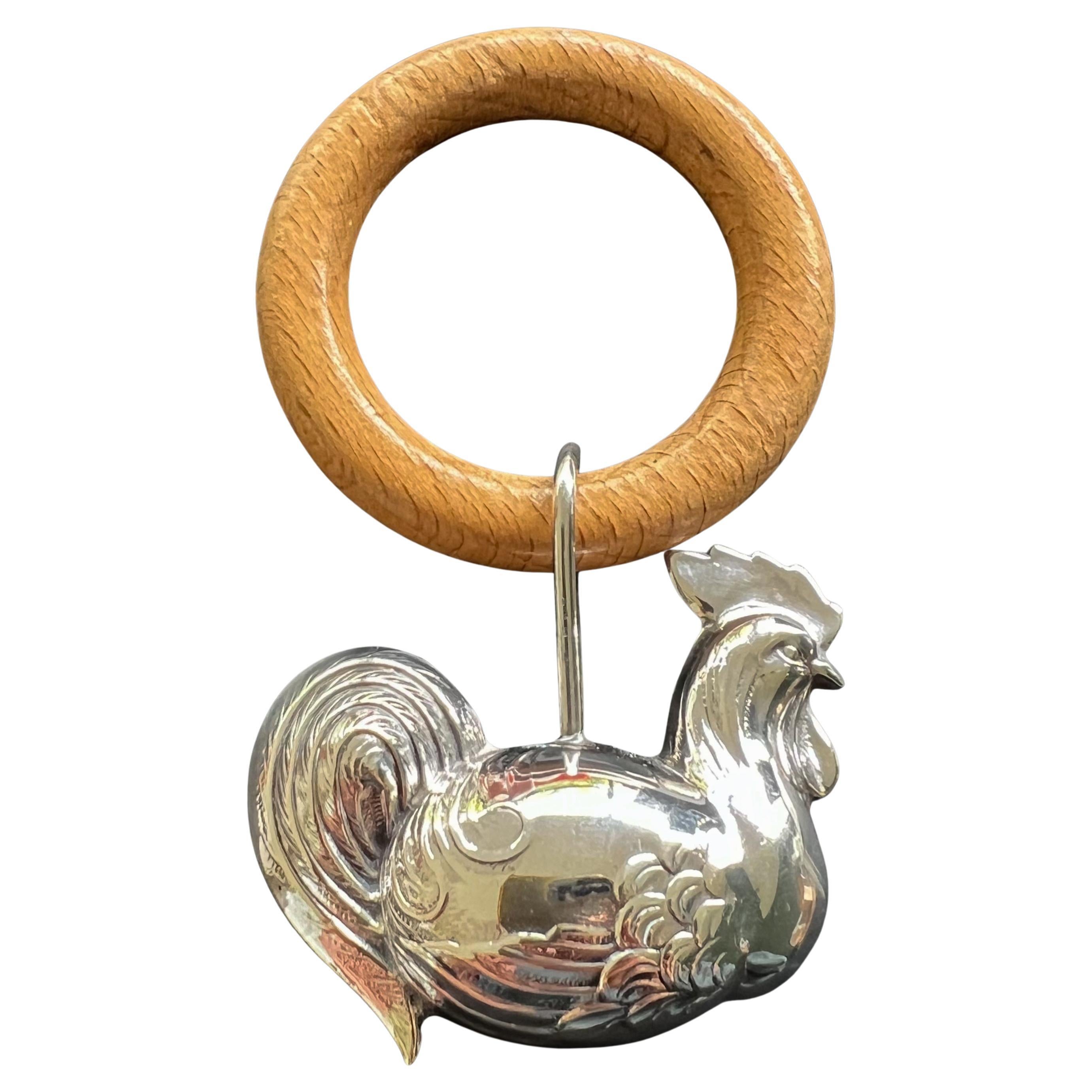 Vintage Sterling Silver and Wood Chicken Rooster Newborn Baby Rattle