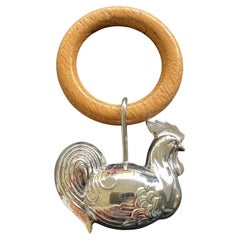 Neugeborenes Babyrattle aus Sterlingsilber und Holz mit Hühner Hahn