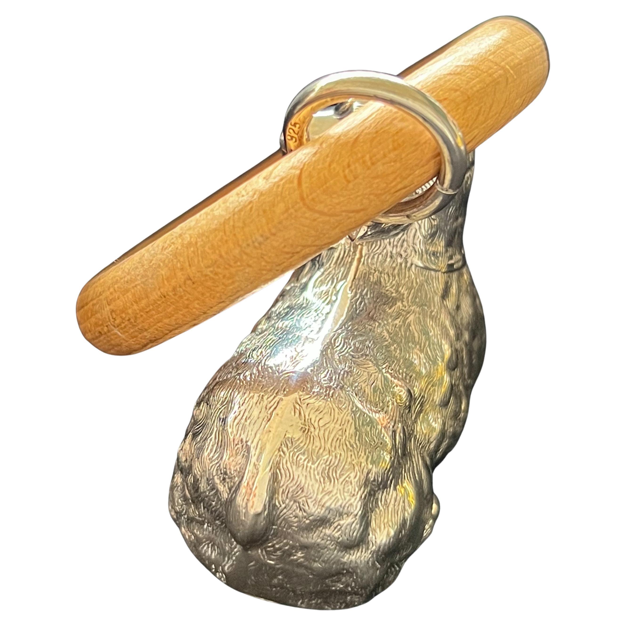 Women's or Men's Vintage Sterling Silver and Wood Lamb Newborn Baby Rattle For Sale