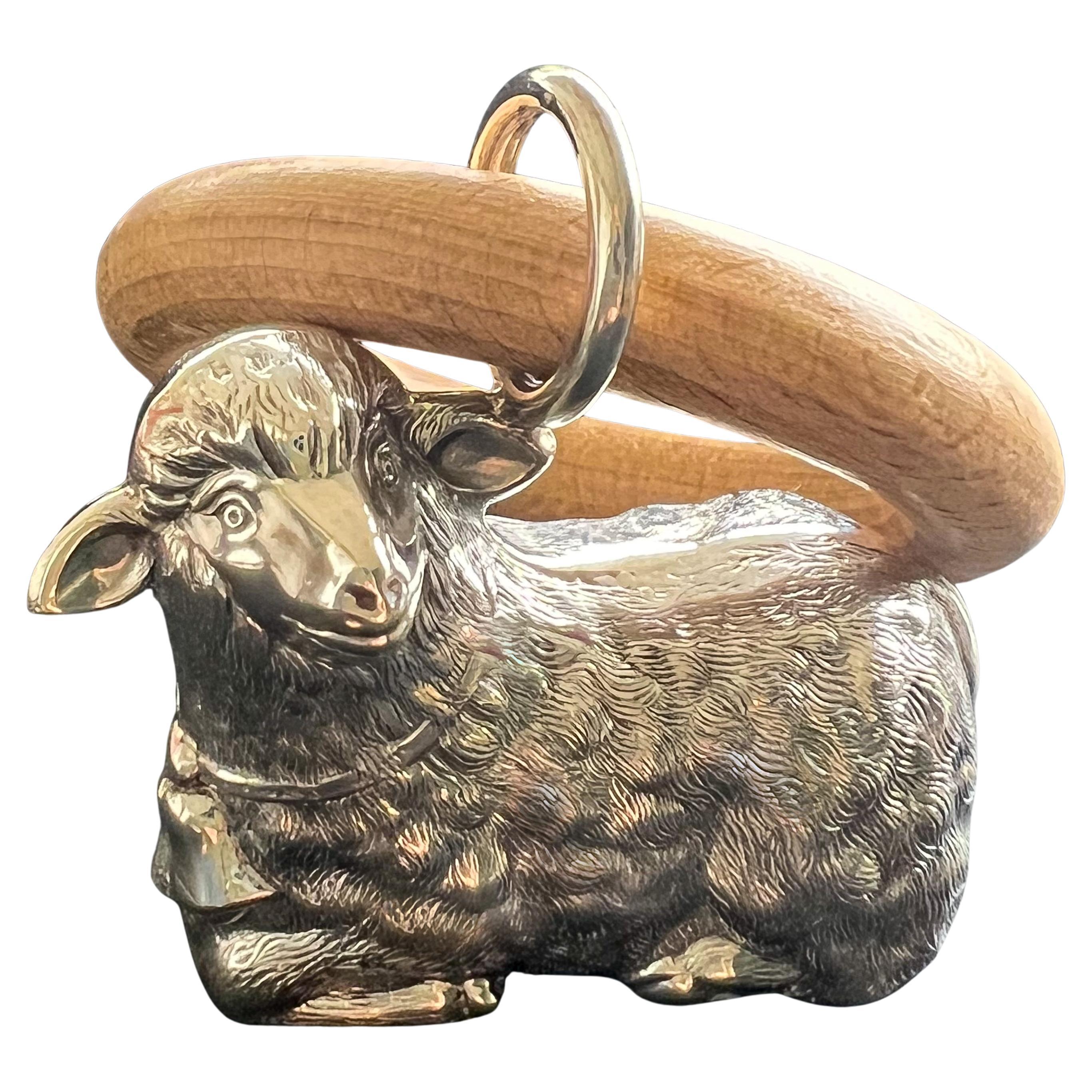 Vintage Sterling Silver and Wood Lamb Newborn Baby Rattle For Sale 2
