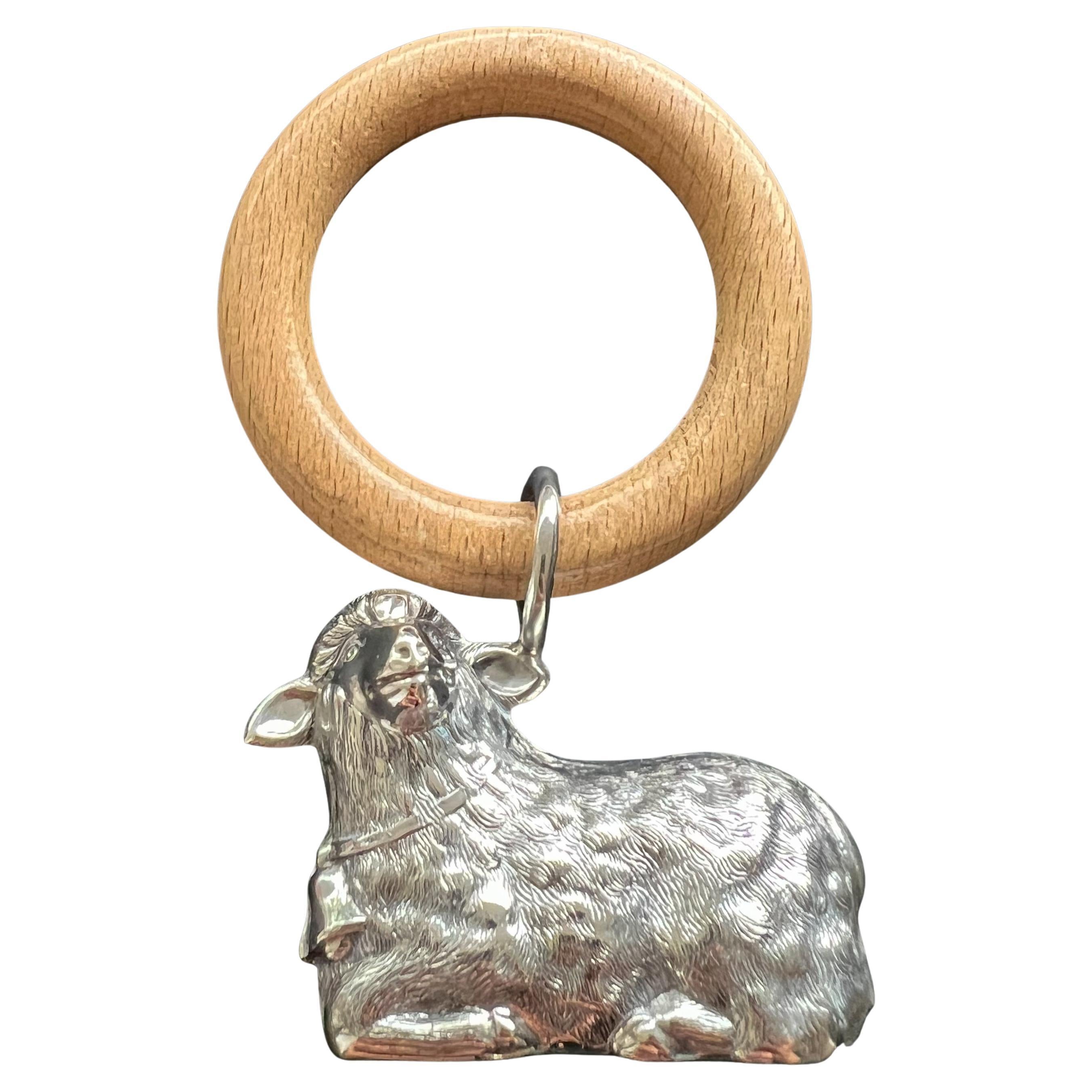 Vintage Sterling Silver and Wood Lamb Newborn Baby Rattle For Sale
