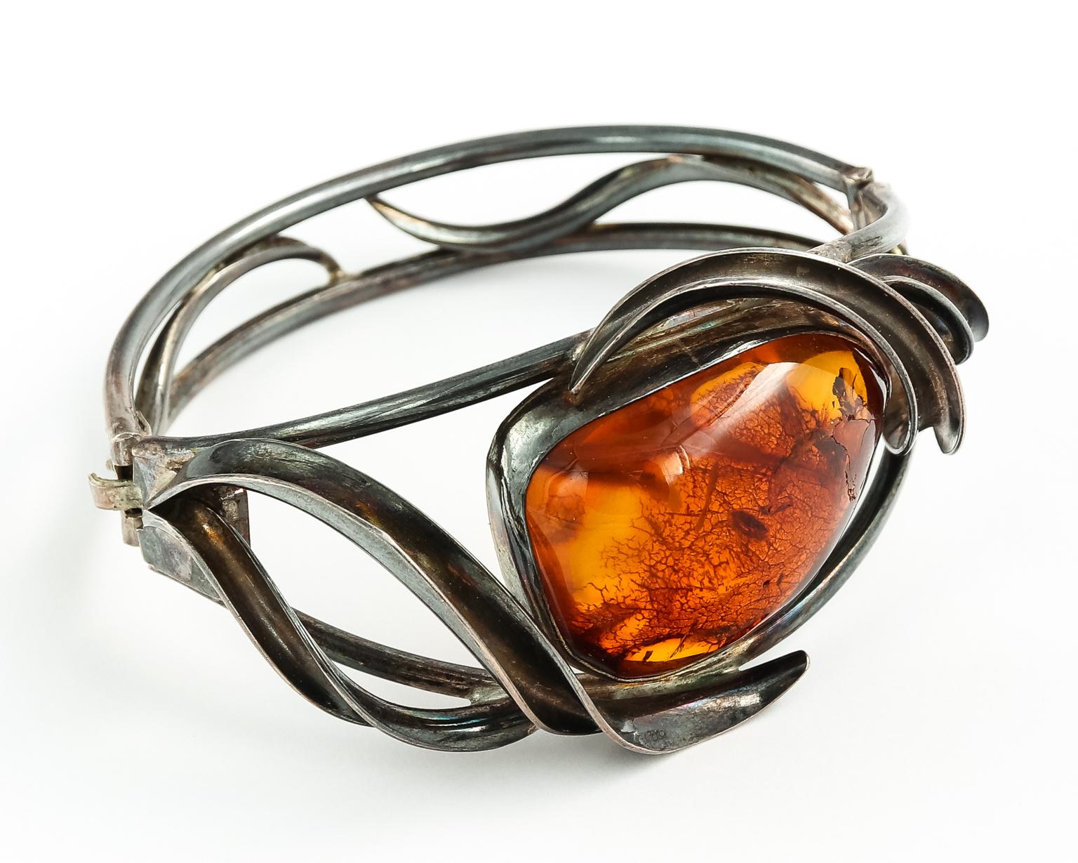 Vintage Sterling Silver Bangle Bracelet Huge Genuine Baltic Honey Amber 4