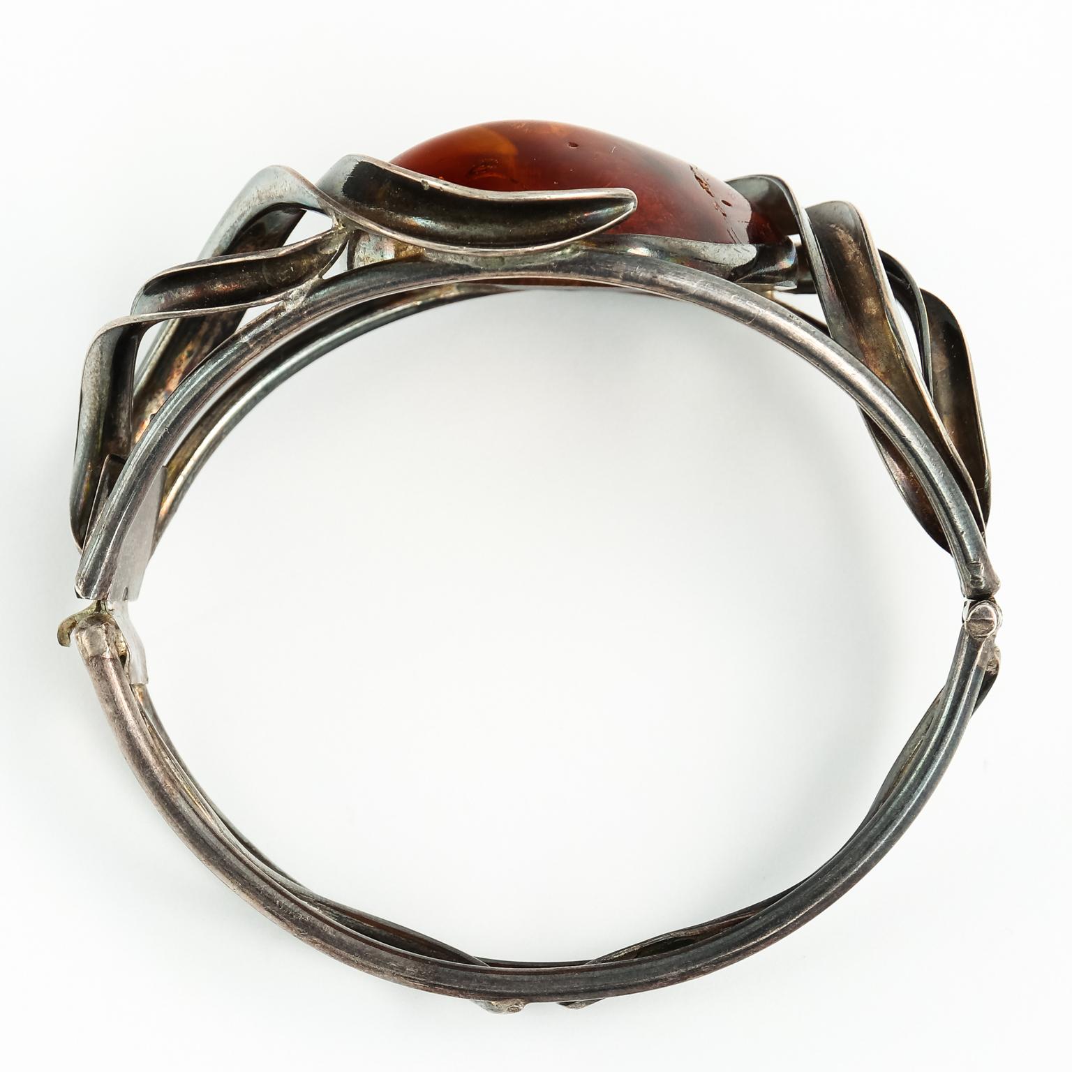 Women's Vintage Sterling Silver Bangle Bracelet Huge Genuine Baltic Honey Amber