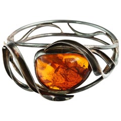 Vintage Sterling Silver Bangle Bracelet Huge Genuine Baltic Honey Amber