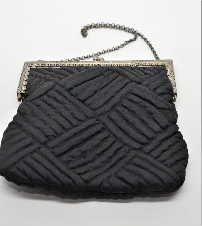 Vintage Sterling Silver Black Fabric Evening Bag Purse For Sale at 1stDibs
