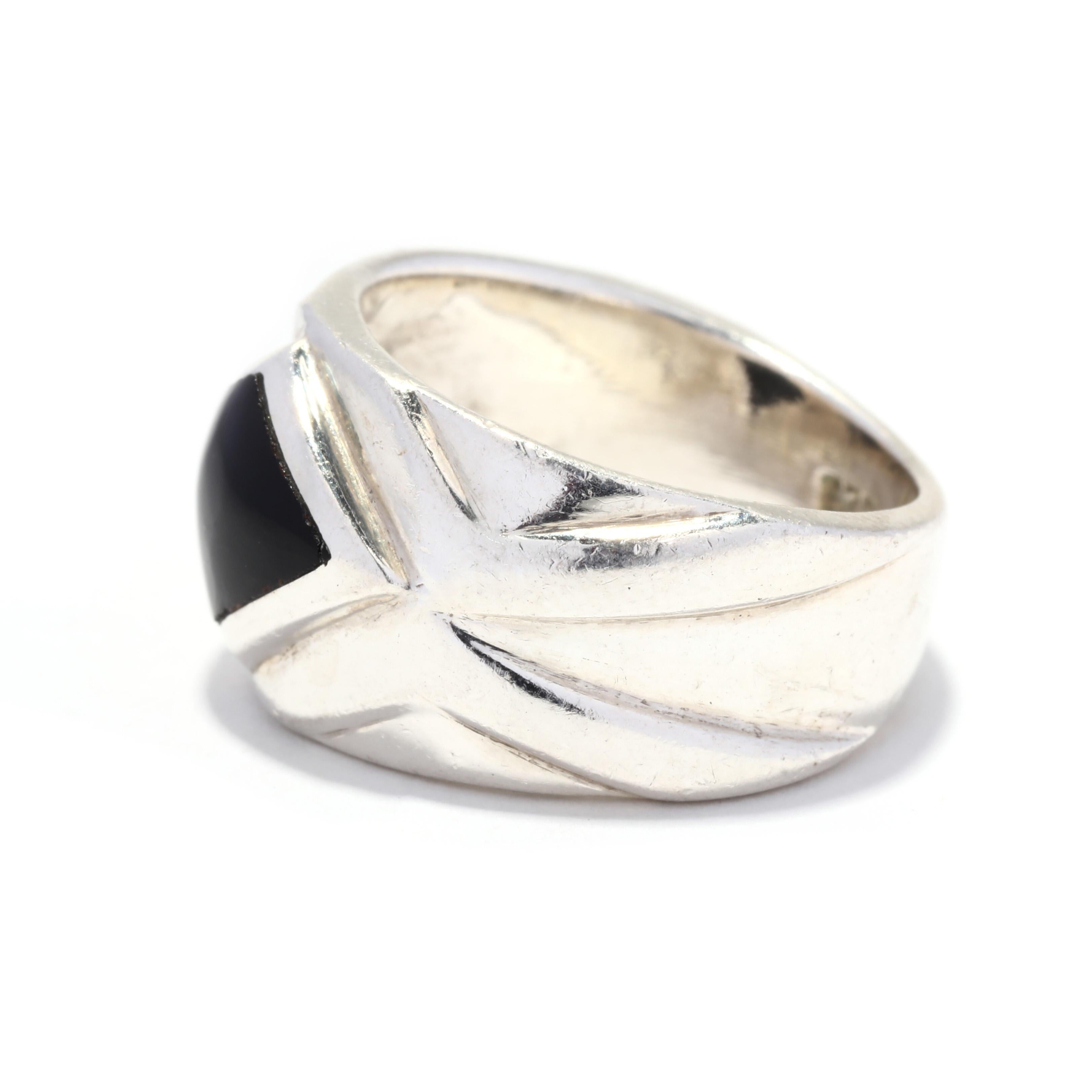 Marquise Cut Vintage Sterling Silver Black Onyx Navette Band, Ring For Sale
