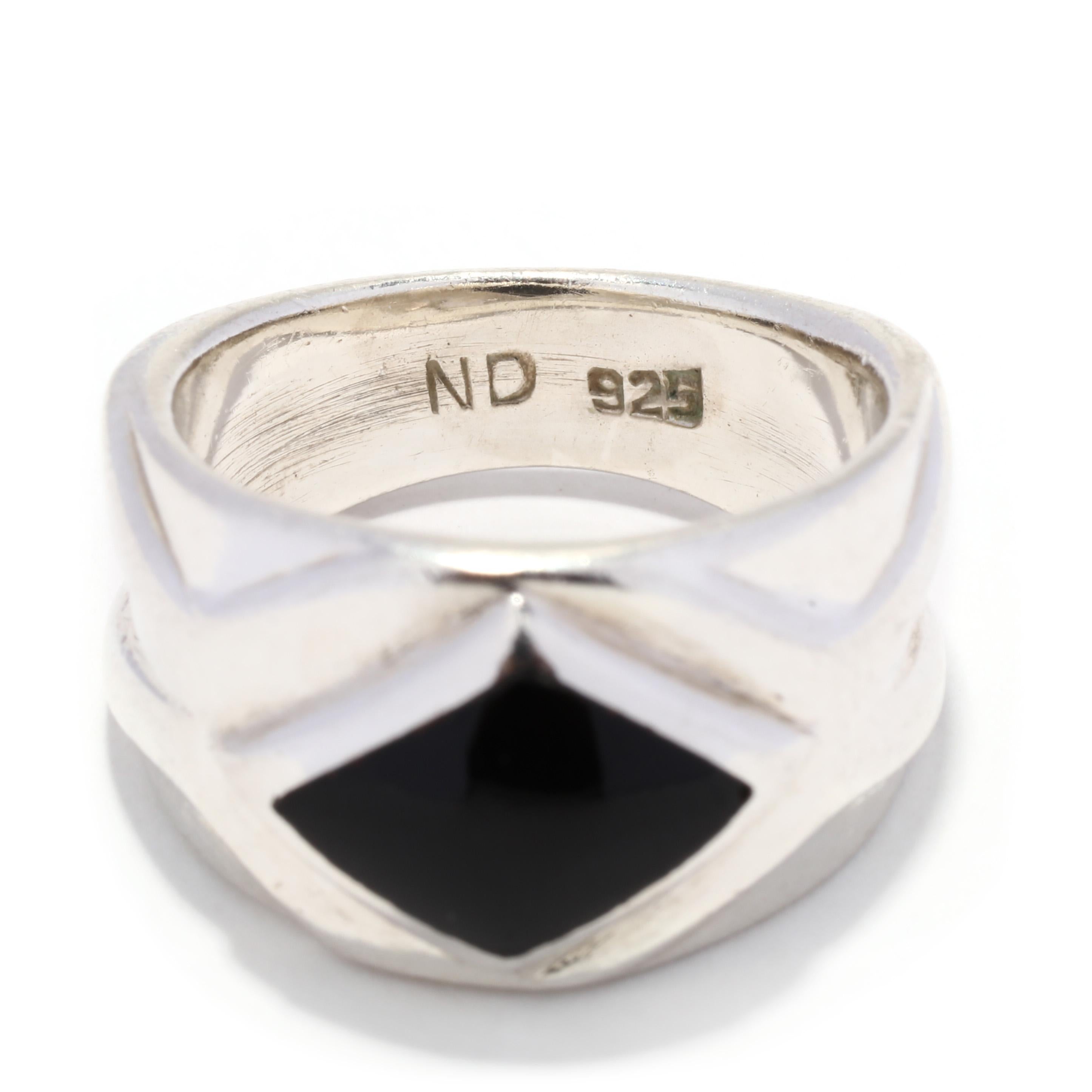 Navette-Ring aus Sterlingsilber mit schwarzem Onyx, Vintage für Damen oder Herren im Angebot