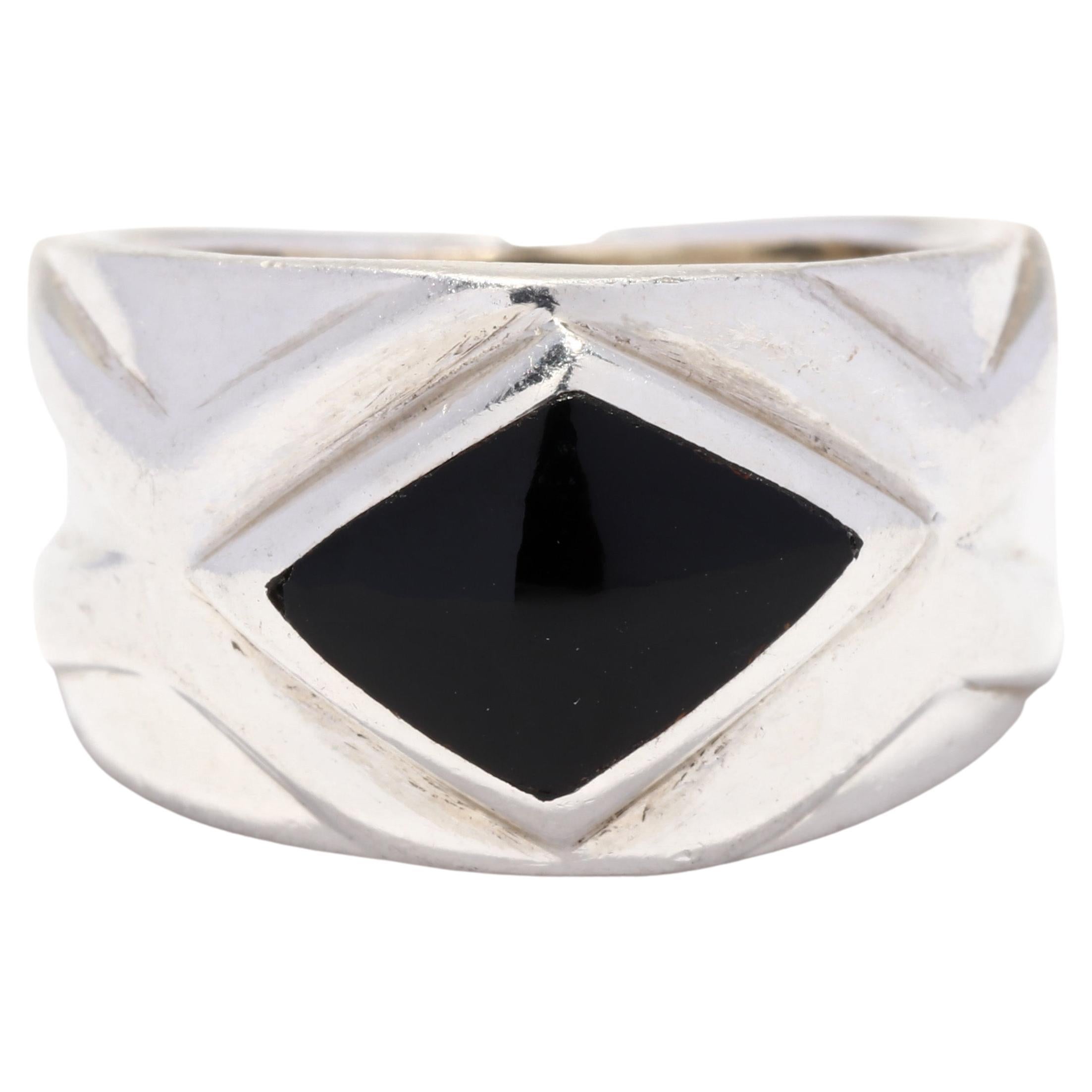 Navette-Ring aus Sterlingsilber mit schwarzem Onyx, Vintage im Angebot