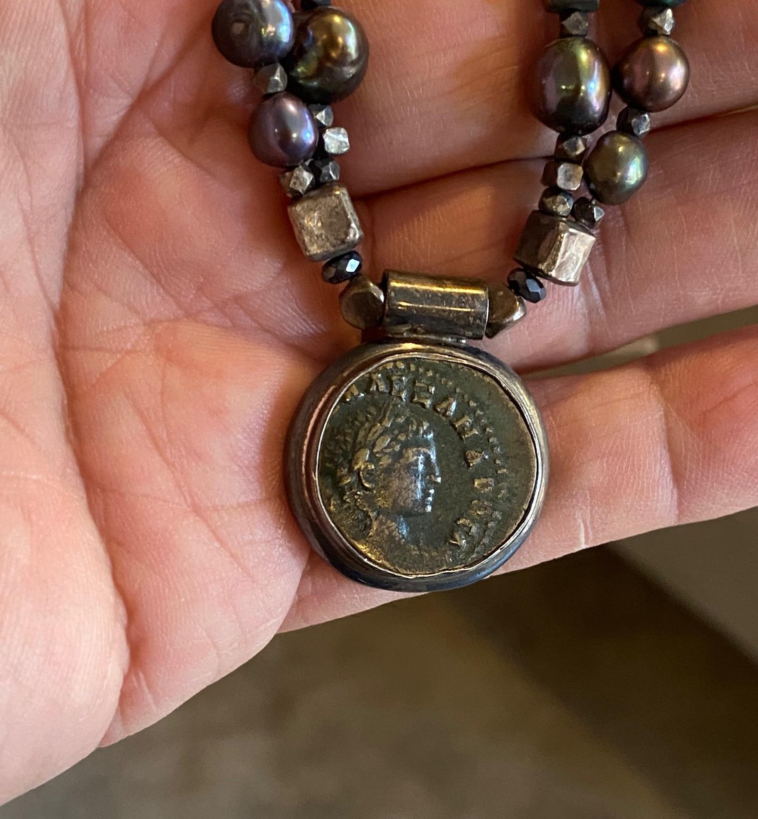 Vintage Sterling Silver Black Pearl Beaded Antique Roman Coin Pendant Necklace For Sale 4