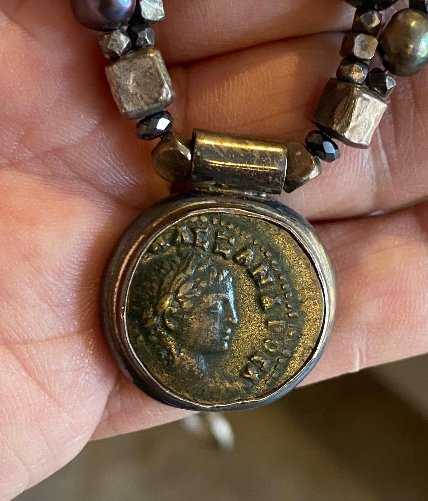 Vintage Sterling Silver Black Pearl Beaded Antique Roman Coin Pendant Necklace For Sale 7