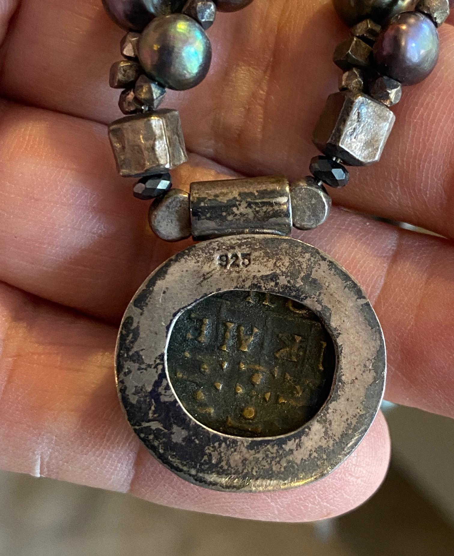 Vintage Sterling Silver Black Pearl Beaded Antique Roman Coin Pendant Necklace For Sale 8