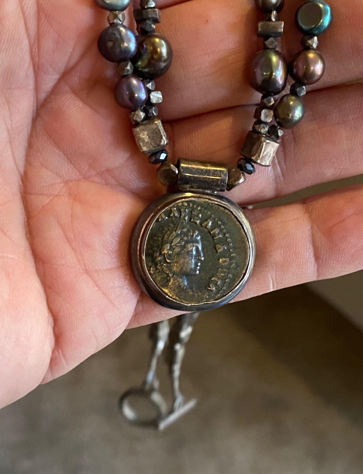 Vintage Sterling Silver Black Pearl Beaded Antique Roman Coin Pendant Necklace For Sale 10