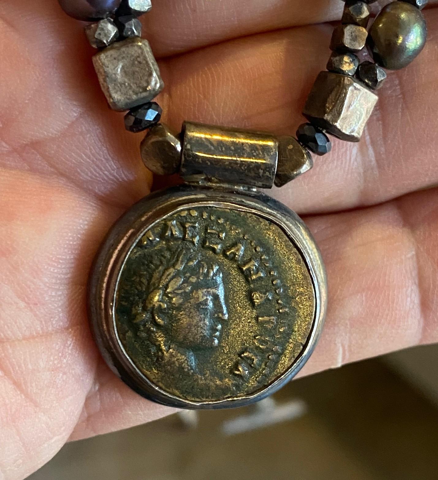 Vintage Sterling Silver Black Pearl Beaded Antique Roman Coin Pendant Necklace For Sale 12