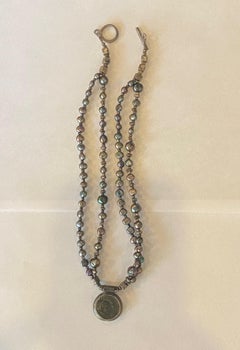 Vintage Sterling Silver Black Pearl Beaded Antique Roman Coin Pendant Necklace
