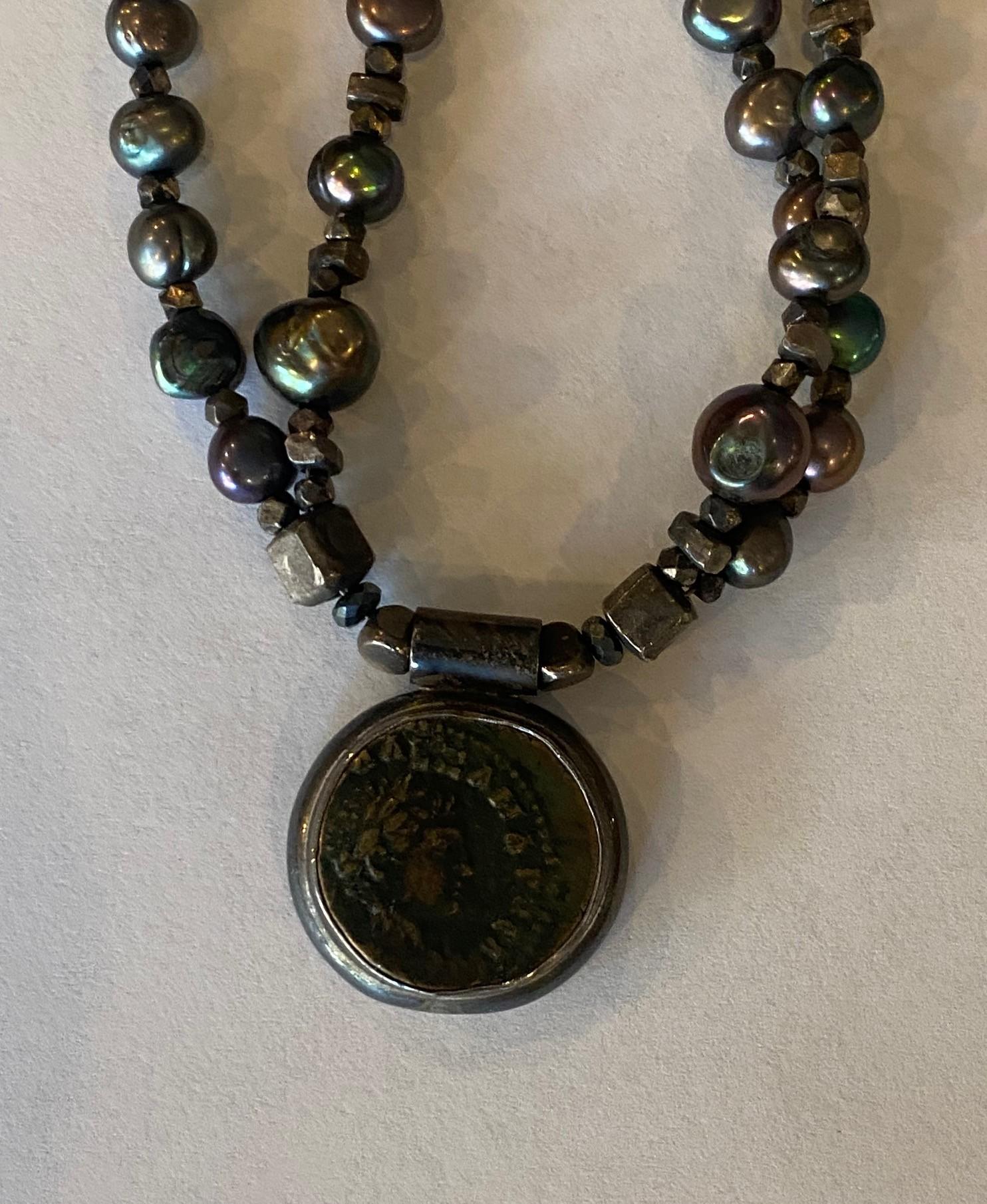 Folk Art Vintage Sterling Silver Black Pearl Beaded Antique Roman Coin Pendant Necklace For Sale