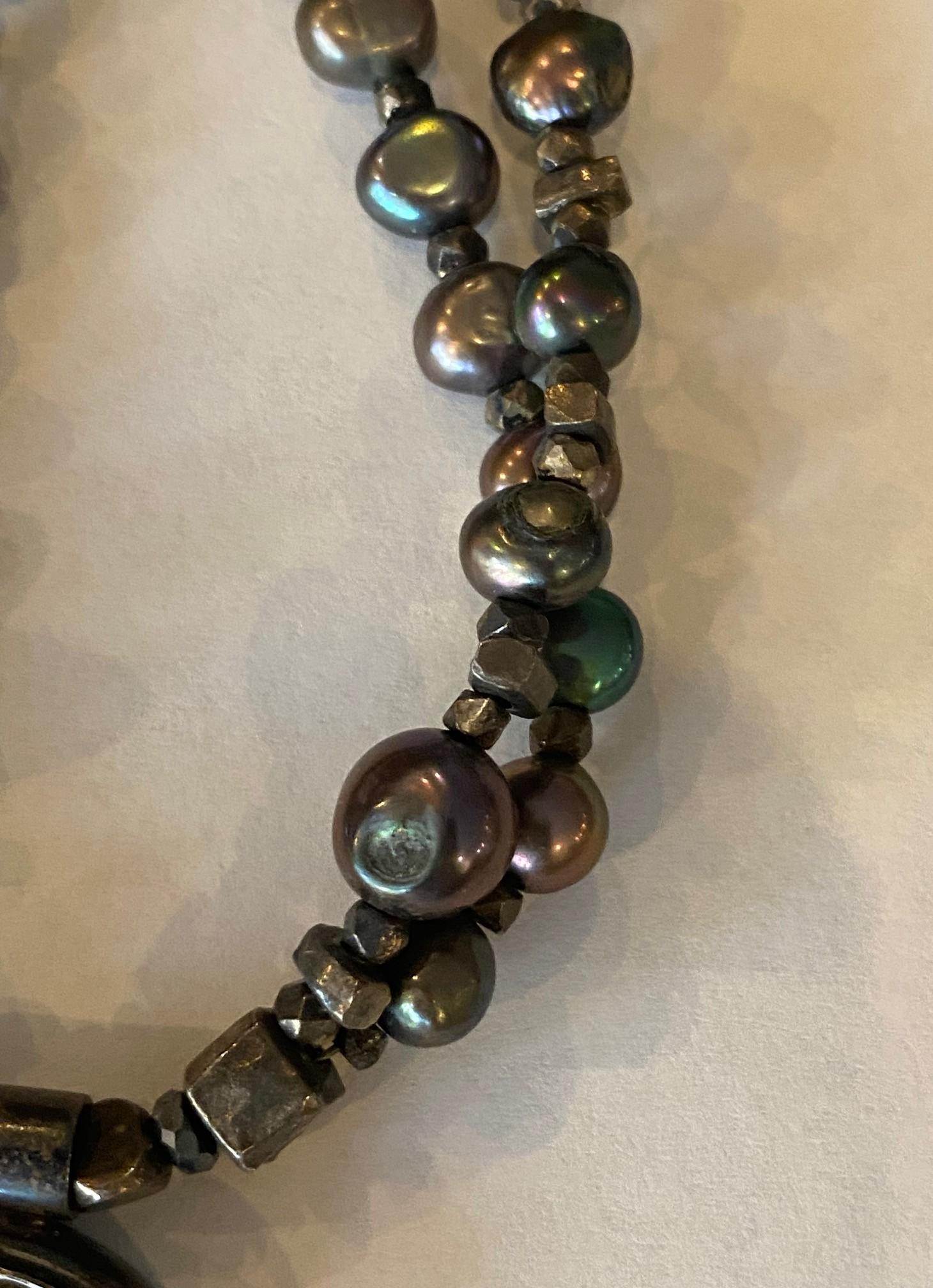 American Vintage Sterling Silver Black Pearl Beaded Antique Roman Coin Pendant Necklace For Sale