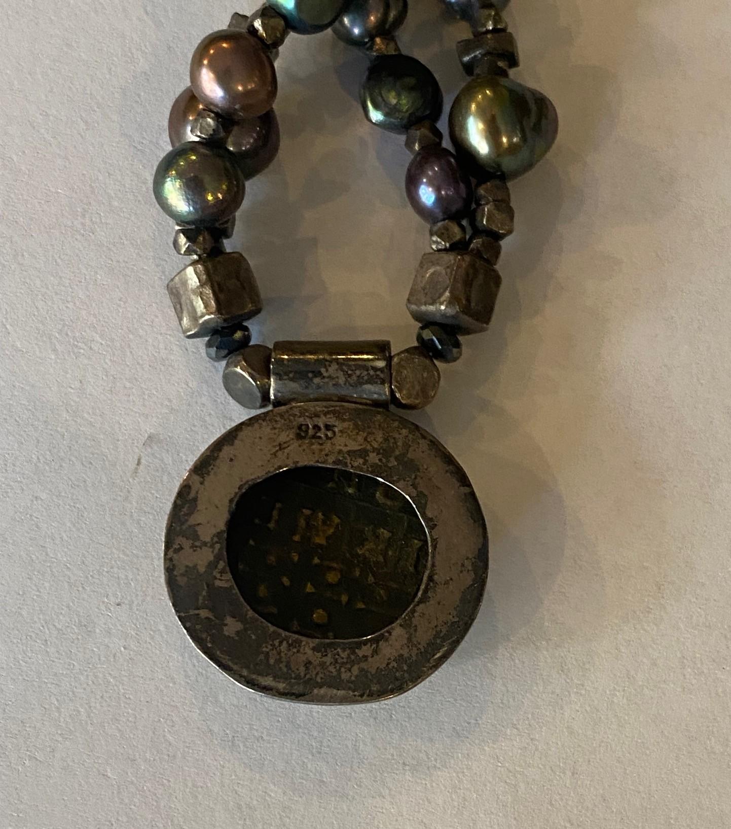 Vintage Sterling Silver Black Pearl Beaded Antique Roman Coin Pendant Necklace For Sale 1