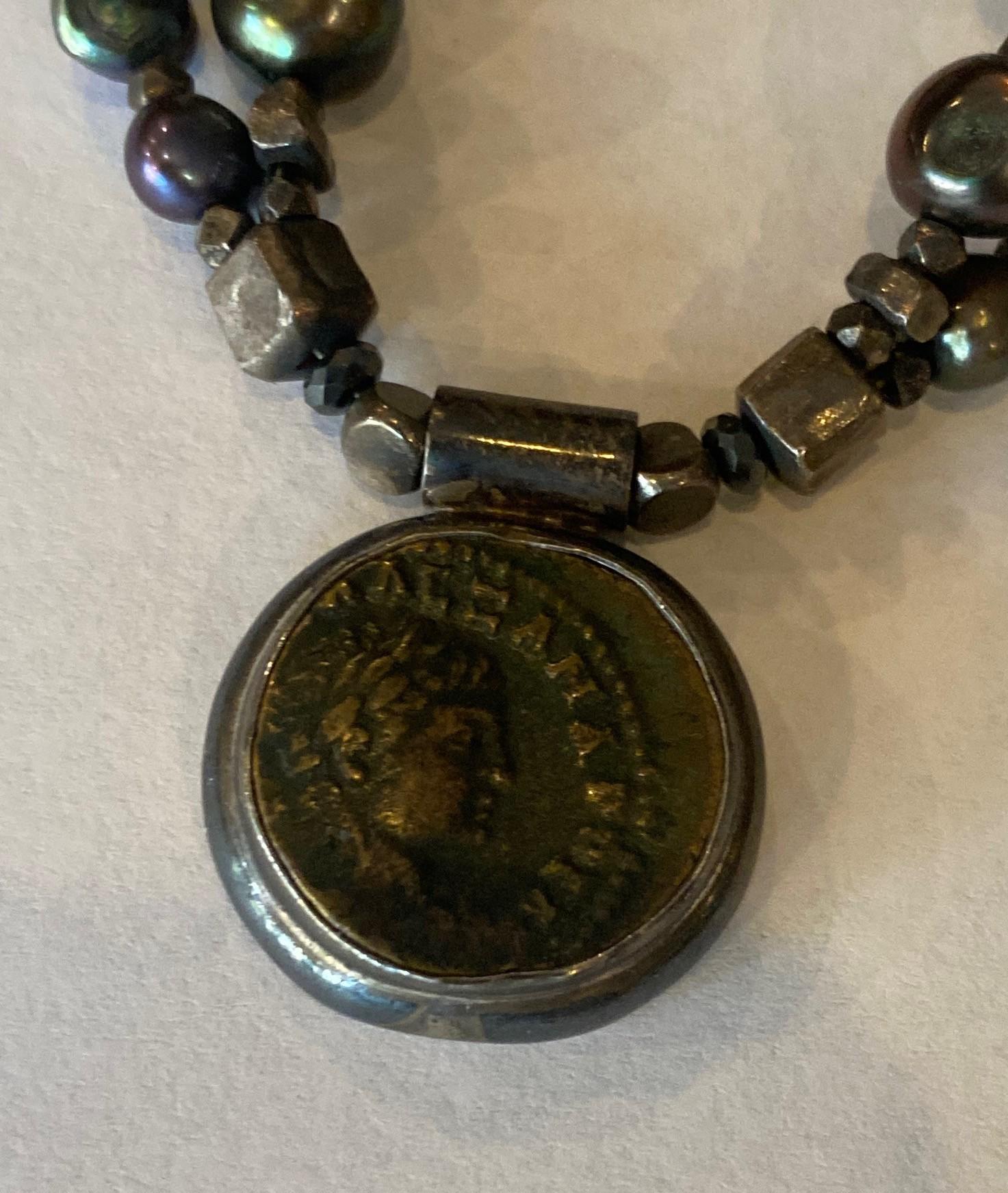 Vintage Sterling Silver Black Pearl Beaded Antique Roman Coin Pendant Necklace For Sale 2