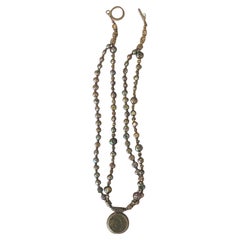 Vintage Sterling Silver Black Pearl Beaded Antique Roman Coin Pendant Necklace