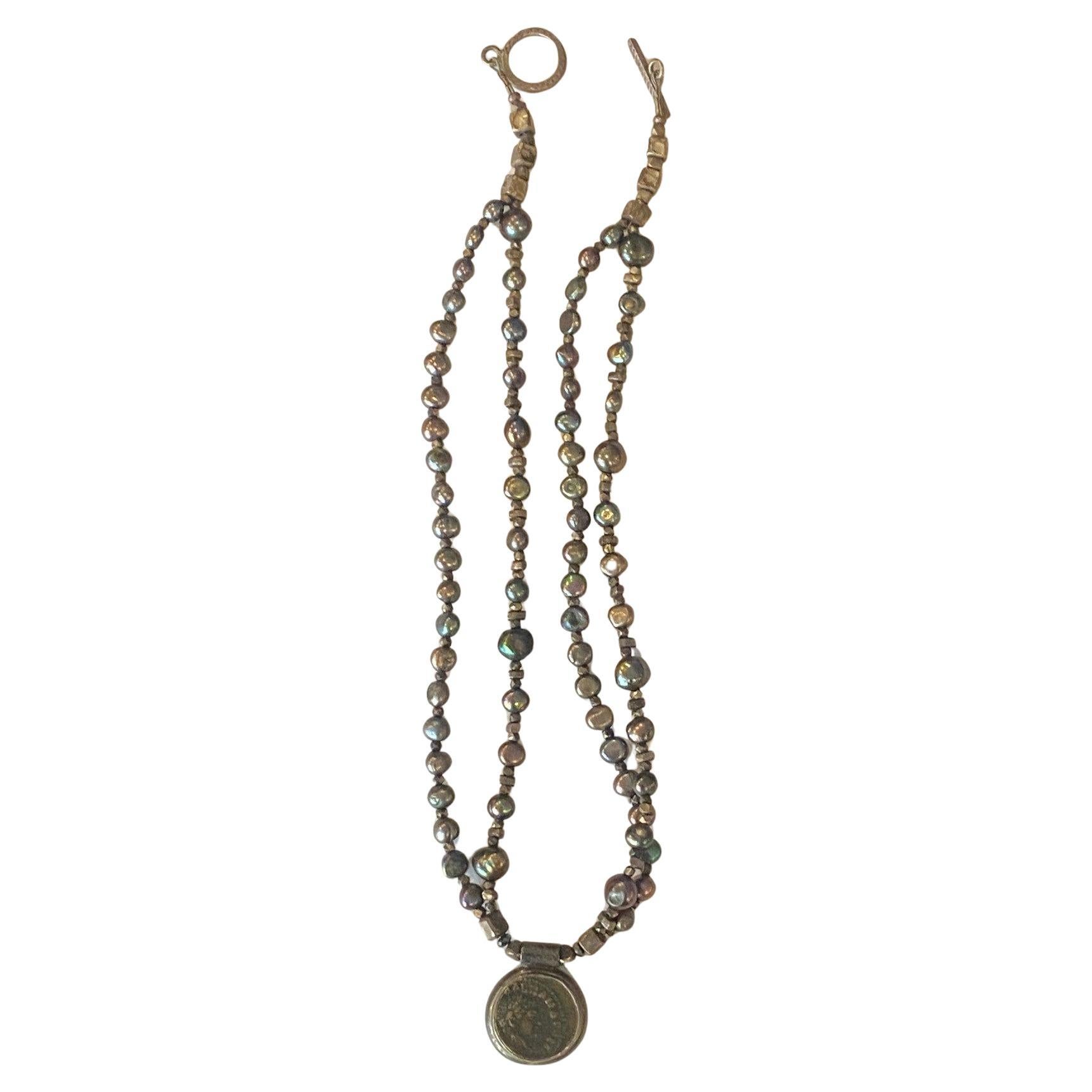 Vintage Sterling Silver Black Pearl Beaded Antique Roman Coin Pendant Necklace For Sale