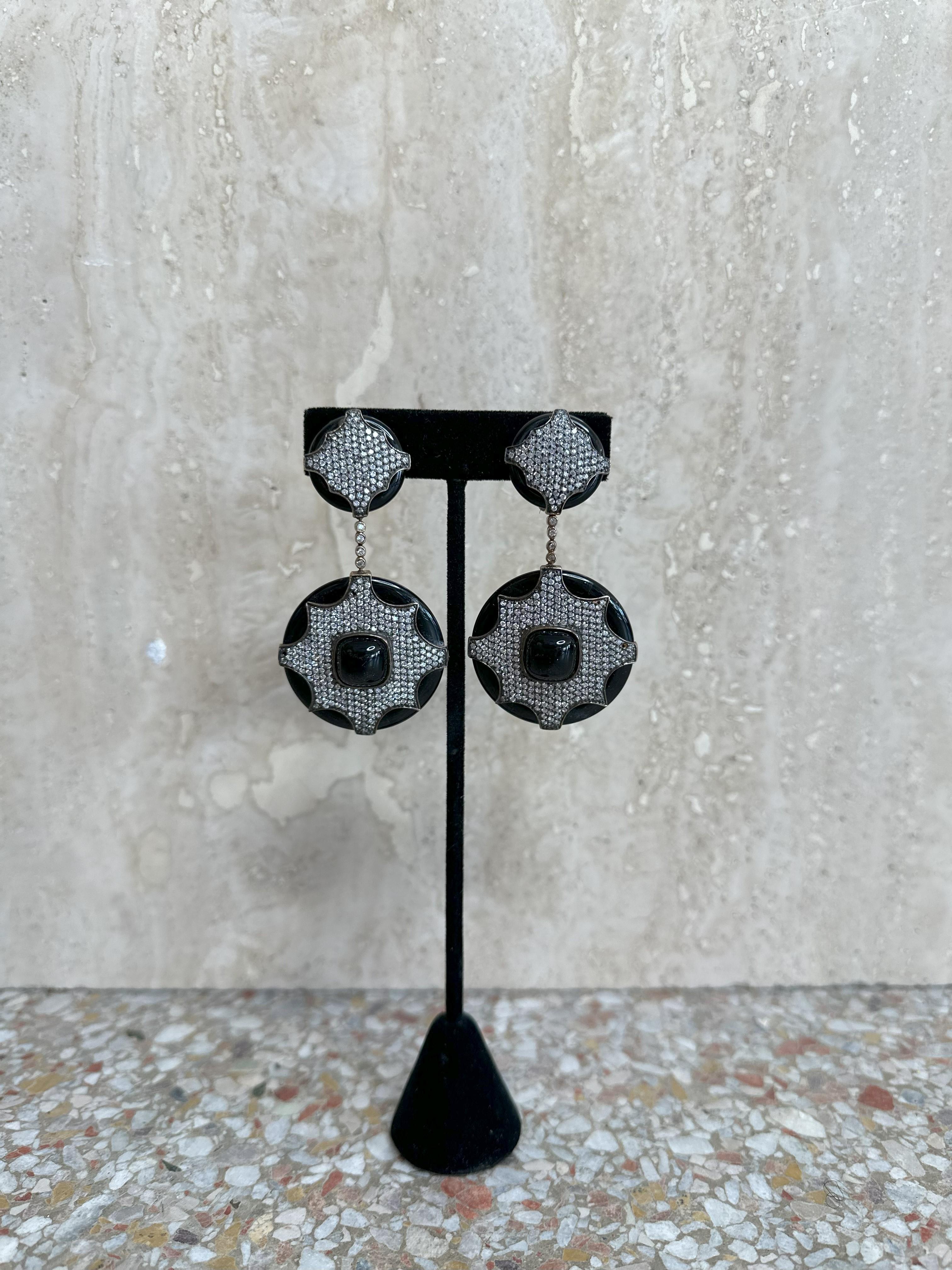 Regency Vintage Sterling Silver Black Rhinestone Clip on Earrings For Sale