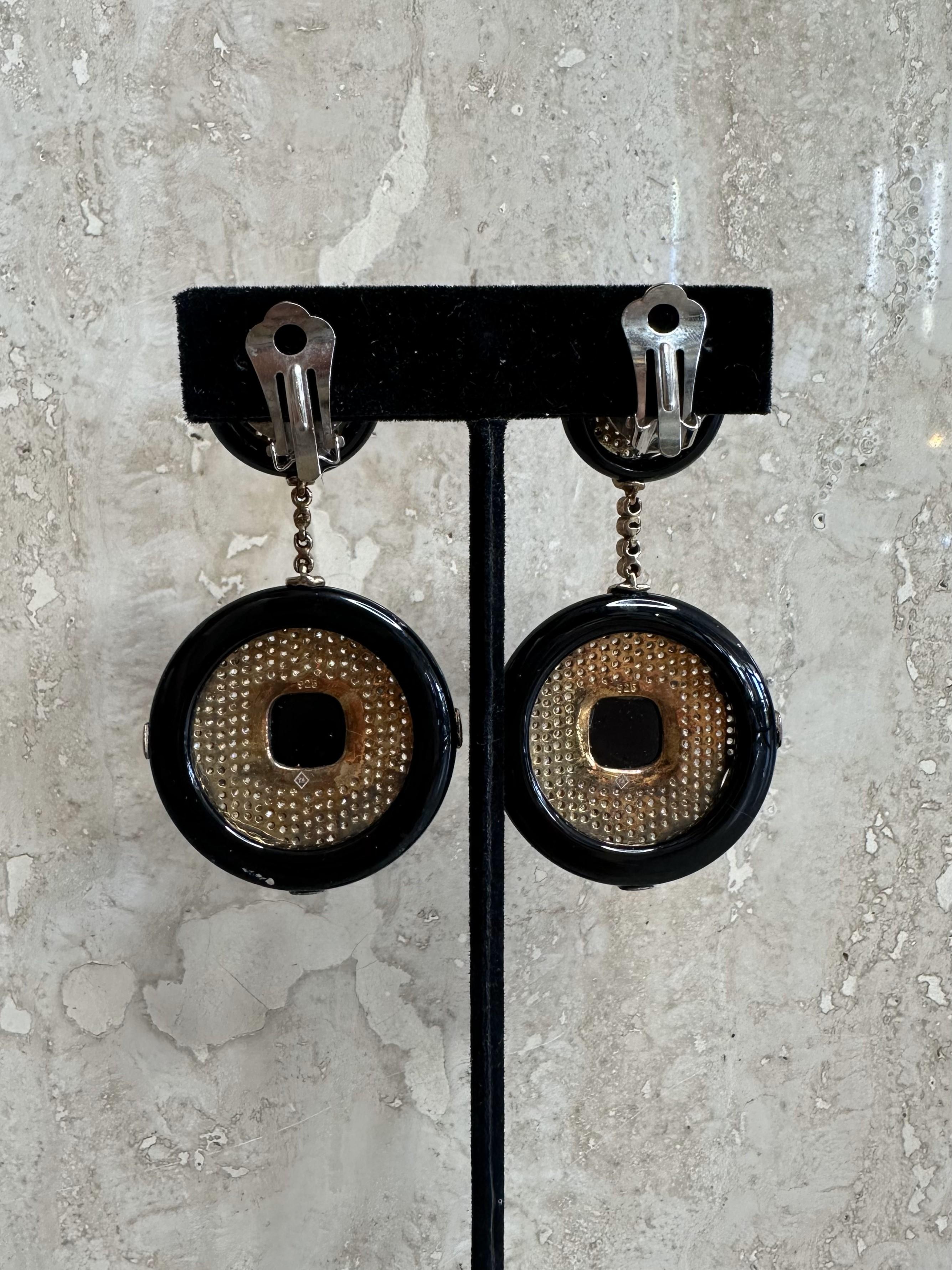 Women's or Men's Vintage Sterling Silver Black Rhinestone Clip on Earrings For Sale