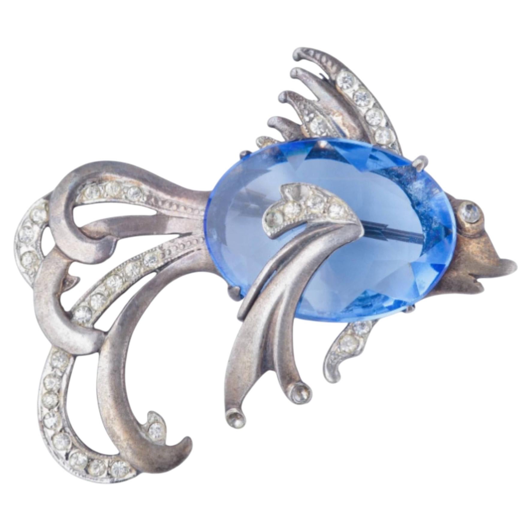 Vintage Sterling Silver Blue Crystal Fish Brooch - '60s