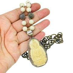 Vintage sterling silver buddha large carved pendant gemstone chain necklace