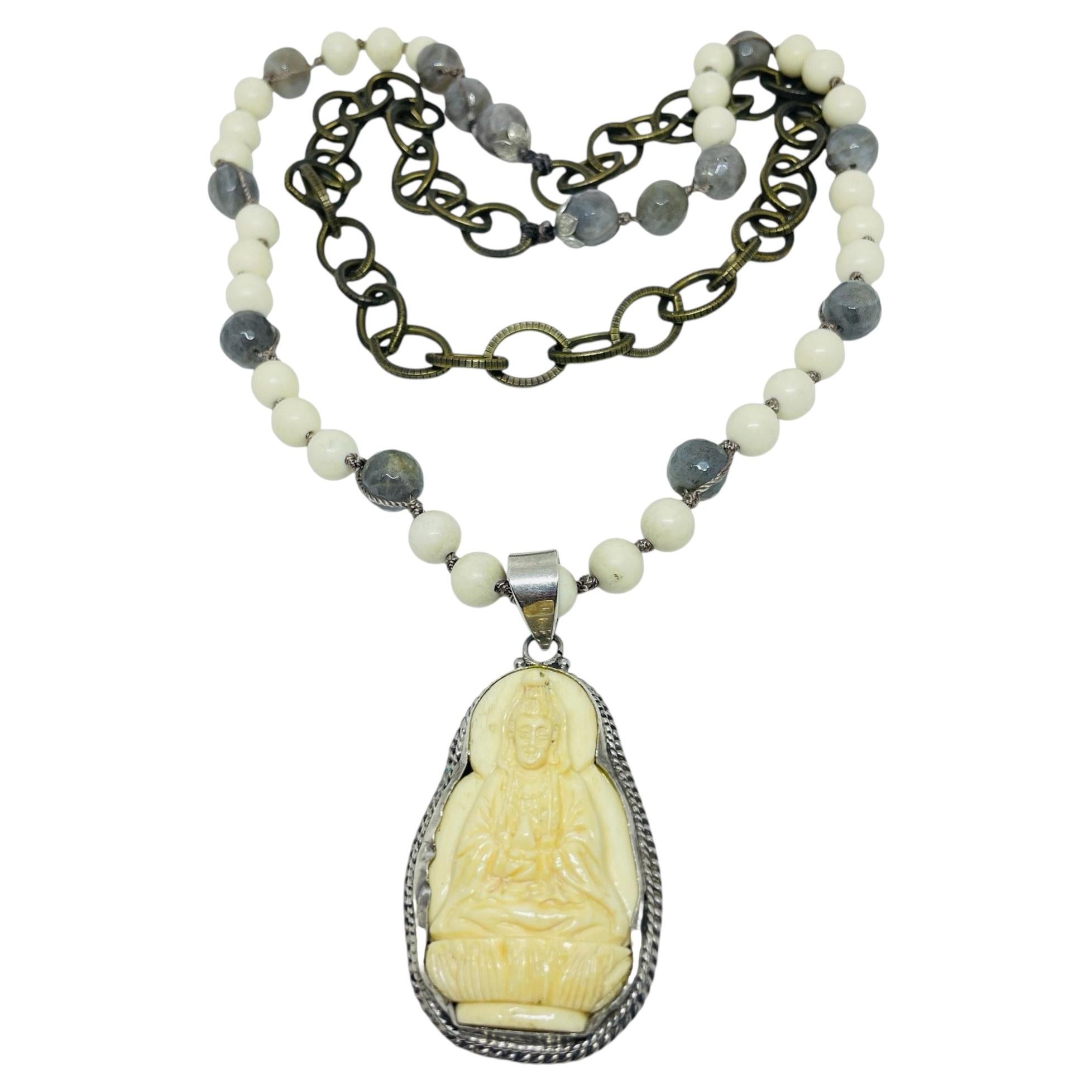Vintage sterling silver buddha large carved pendant gemstone chain necklace