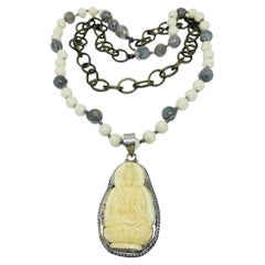 Vintage sterling silver buddha large carved pendant gemstone chain necklace