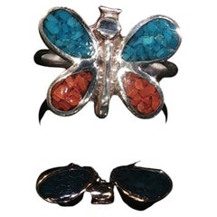 Vintage Sterling Silver Butterfly Ring Turquoise Coral Inlay Size 5.25 Southwest