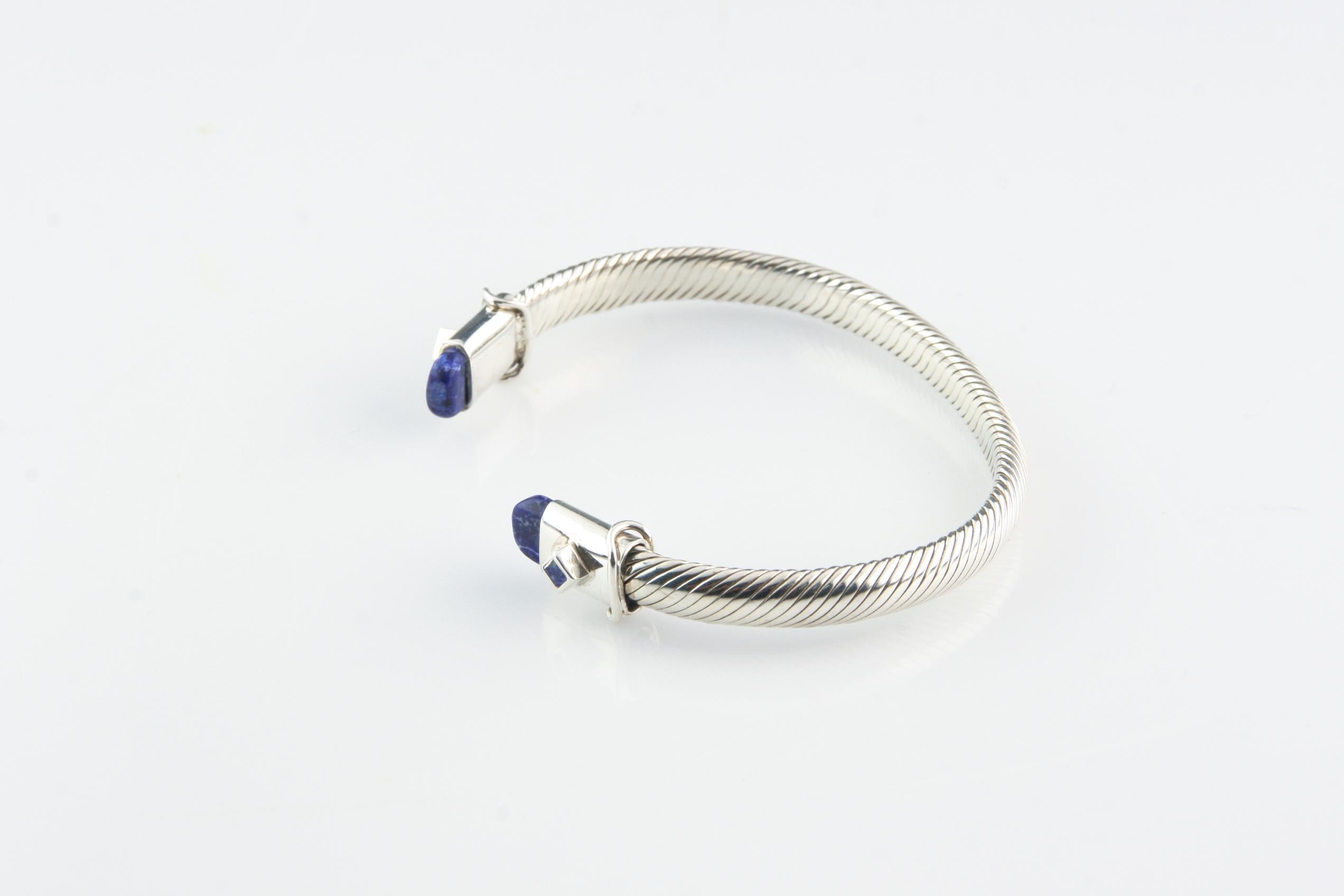 Cabochon Vintage Sterling Silver Cable Cuff Bracelet with Lapis Accents, 7