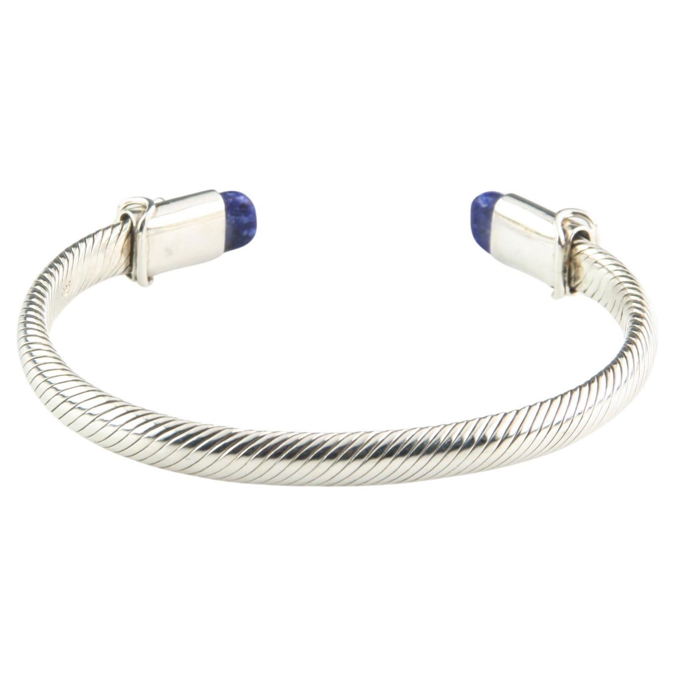 Vintage Sterling Silver Cable Cuff Bracelet with Lapis Accents, 7" For Sale