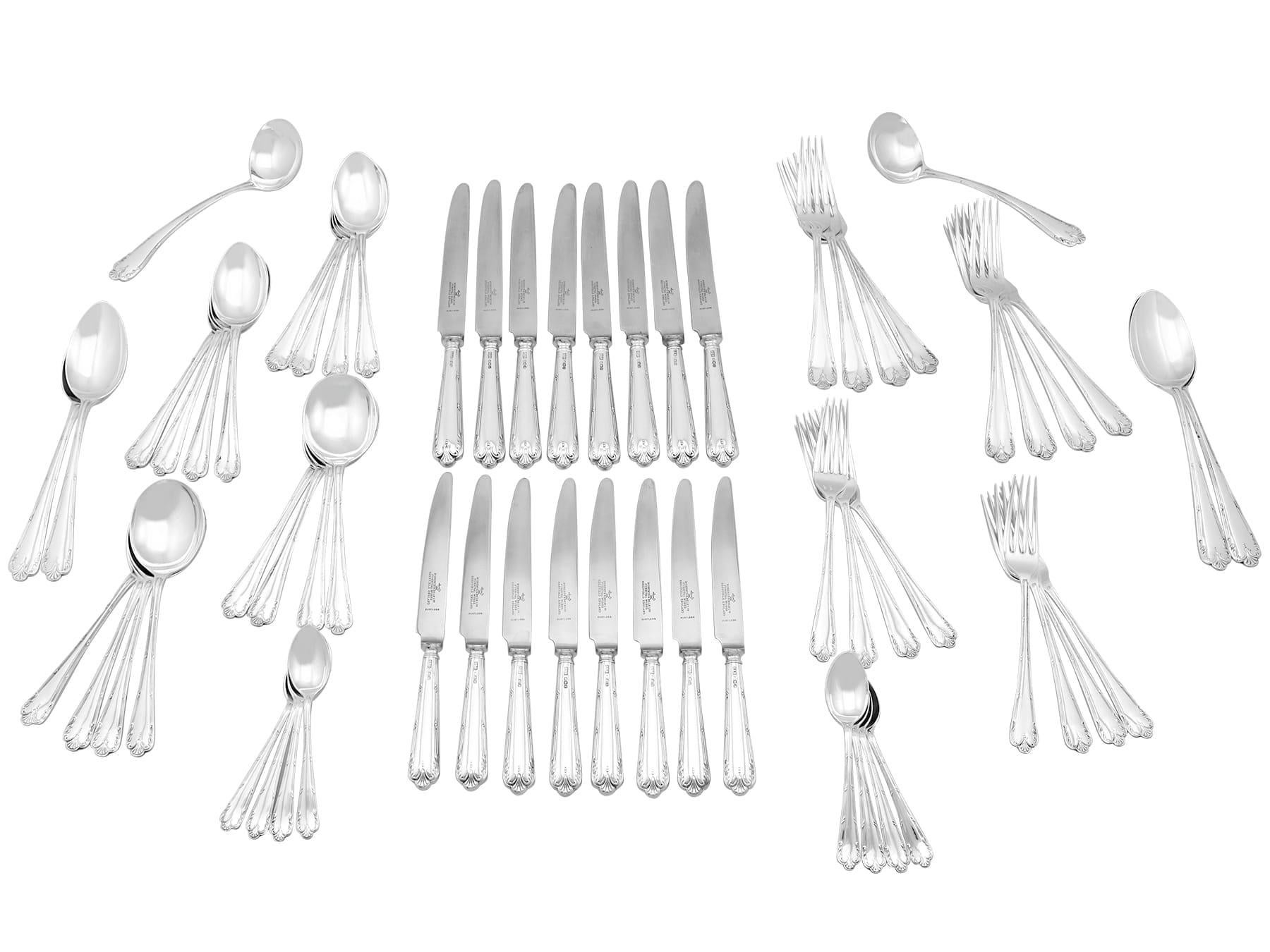 The pieces of this exceptional vintage sterling silver flatware set for eight persons have been crafted in the Louis Seize pattern*.

The surface of each rounded handle is embellished with reed and ribbon paralleling borders accented with an