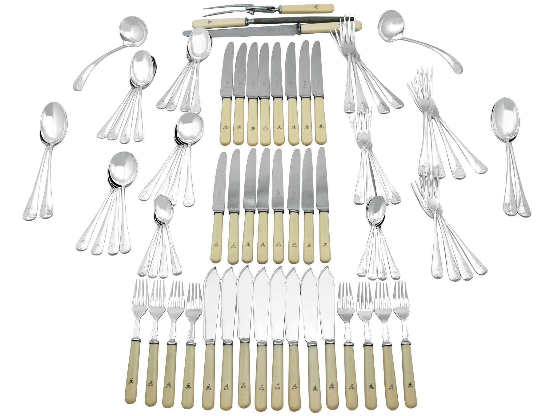 The pieces of this exceptional vintage straight* sterling silver flatware set for 8 persons have been crafted in the Hanoverian rat tail pattern.

The surface of each rounded handle is embellished with a pip to the terminal, in addition to the