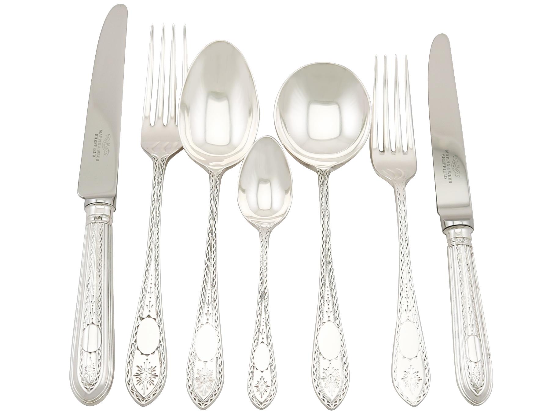 An exceptional, fine and impressive vintage Elizabeth II English sterling silver straight bright cut, Irish pattern flatware service for six persons; an addition to our antique flatware sets.

The pieces of this exceptional vintage straight