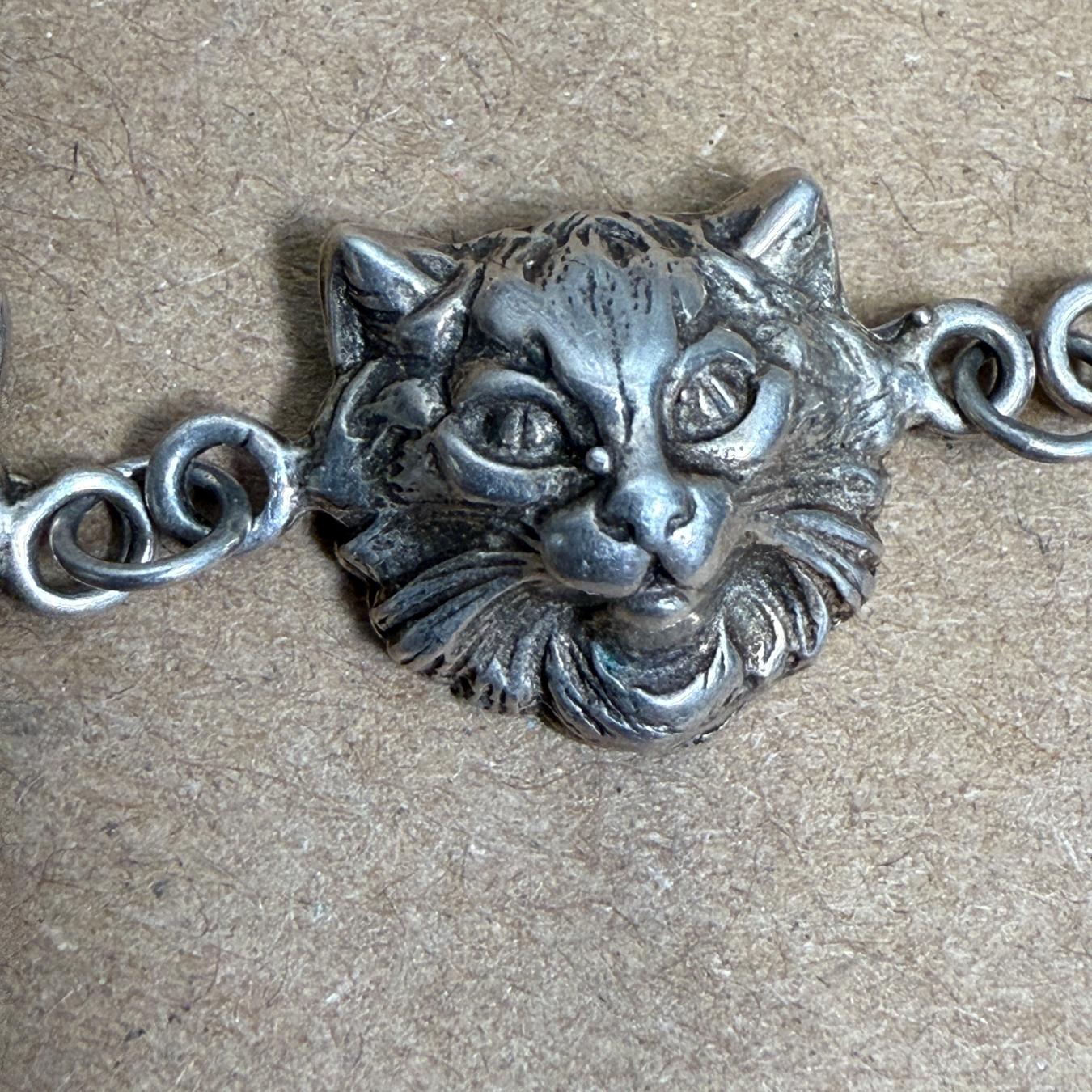 Vintage Sterling Silver Cat Necklace Seven Pendant For Sale 2