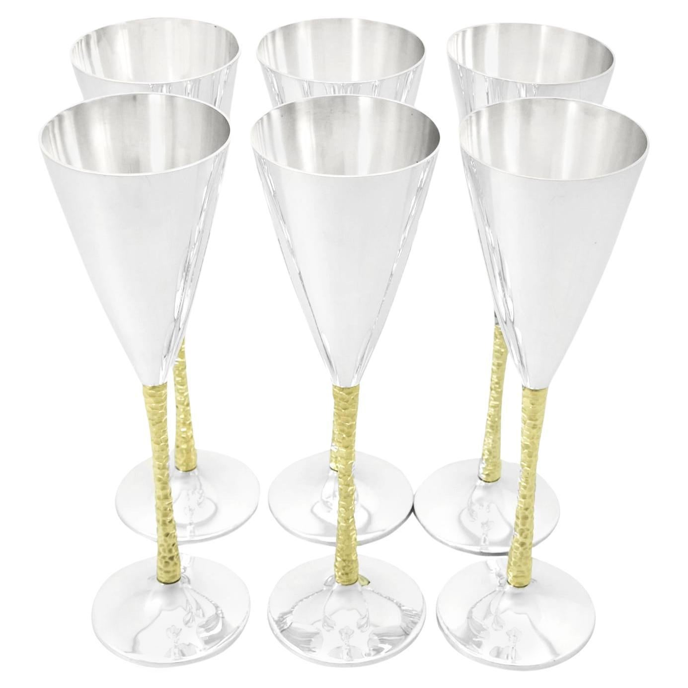 Ensemble de six flûtes à champagne vintage en argent sterling par Stuart Devlin