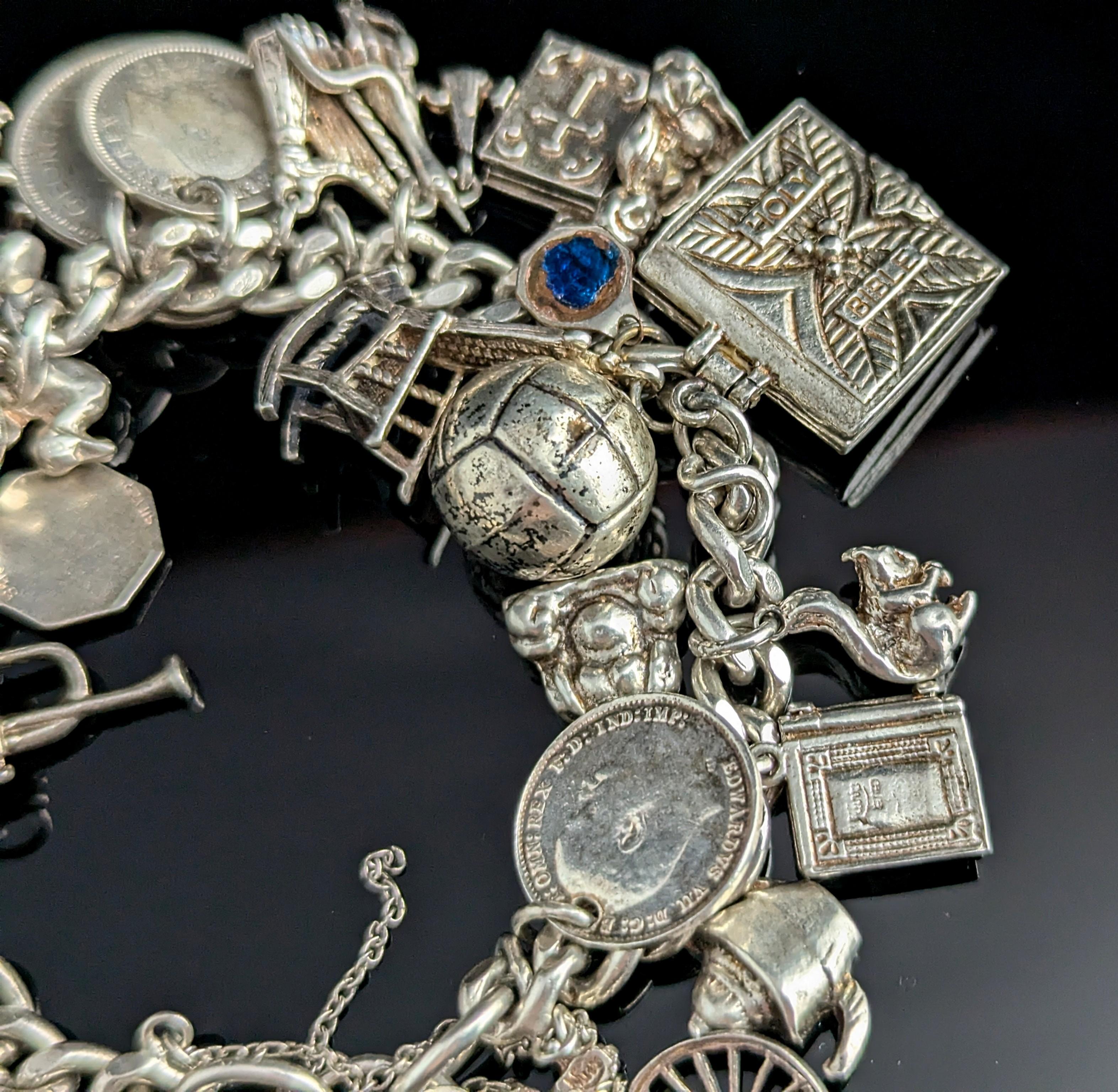 Vintage sterling silver charm bracelet, heavy, loaded 3