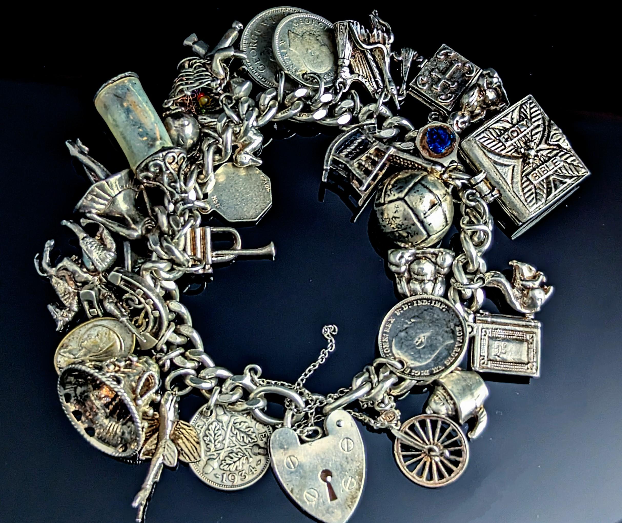 Retro Vintage sterling silver charm bracelet, heavy, loaded