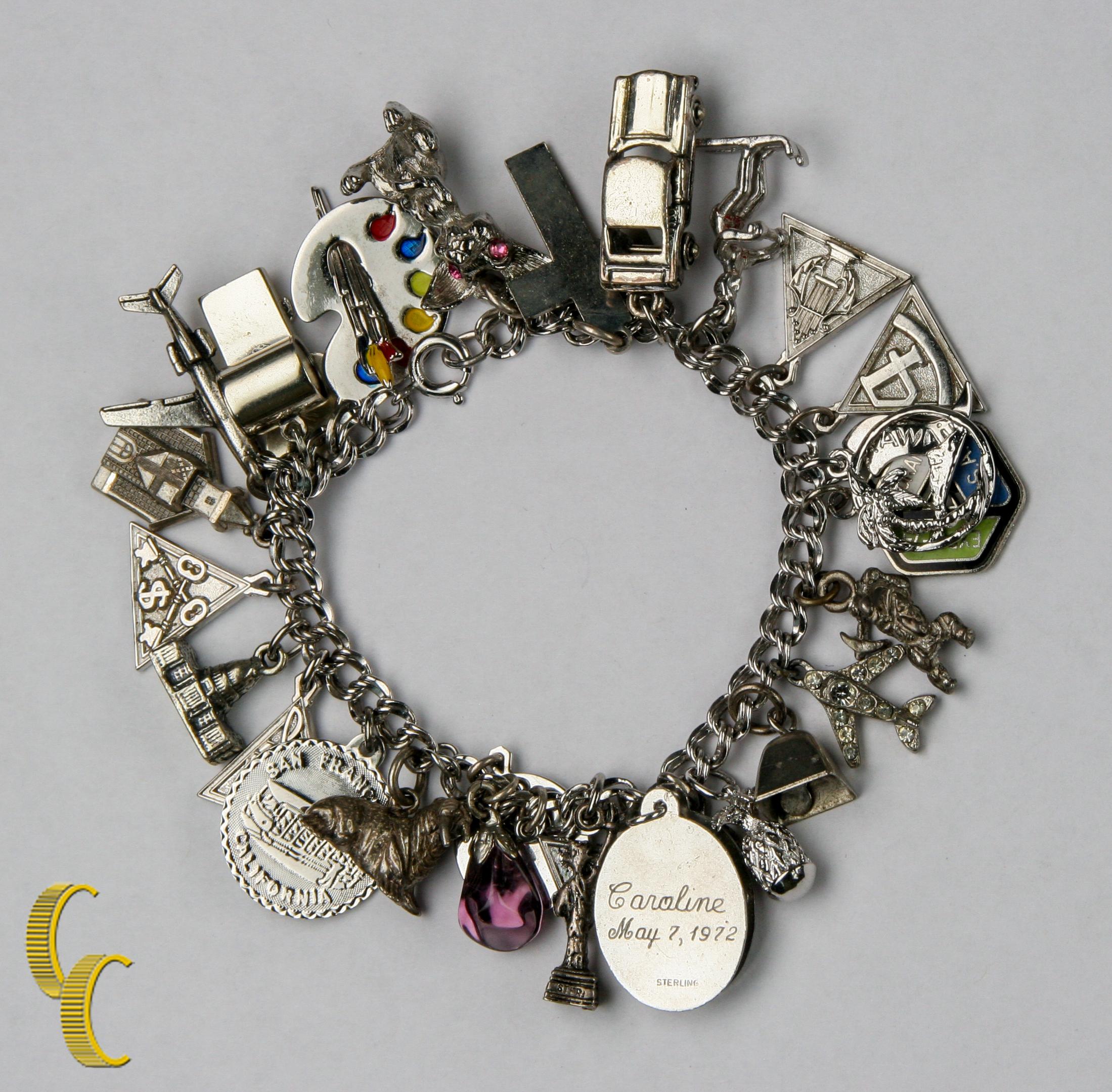 da uomo o donna Bracciale Charm vintage in argento sterling con 27 charme vari, misura 7 in vendita