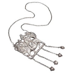 Vintage Sterling Silver Chinese Qilin and Hanging Bell Necklace
