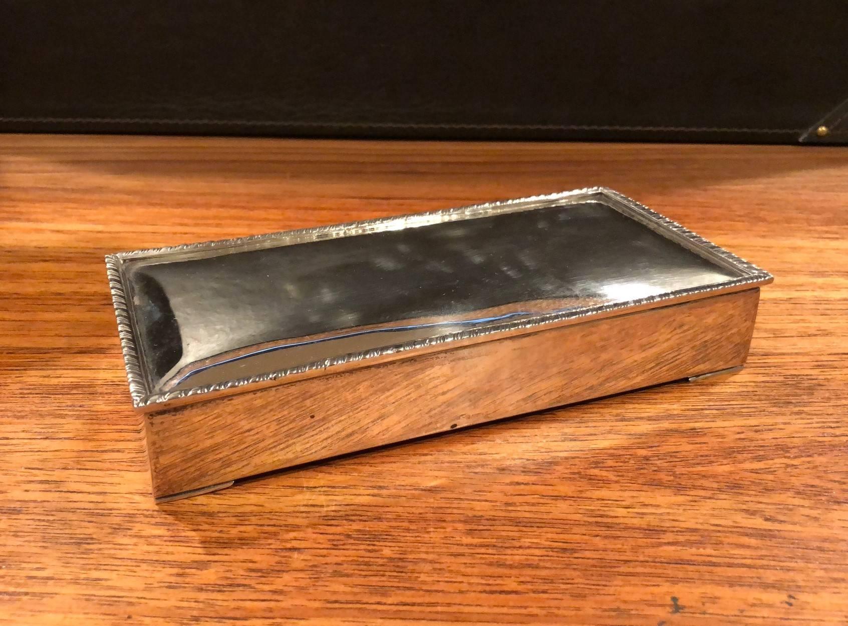 Vintage sterling silver, wood-lined cigarette box from circa 1950s measuring 8