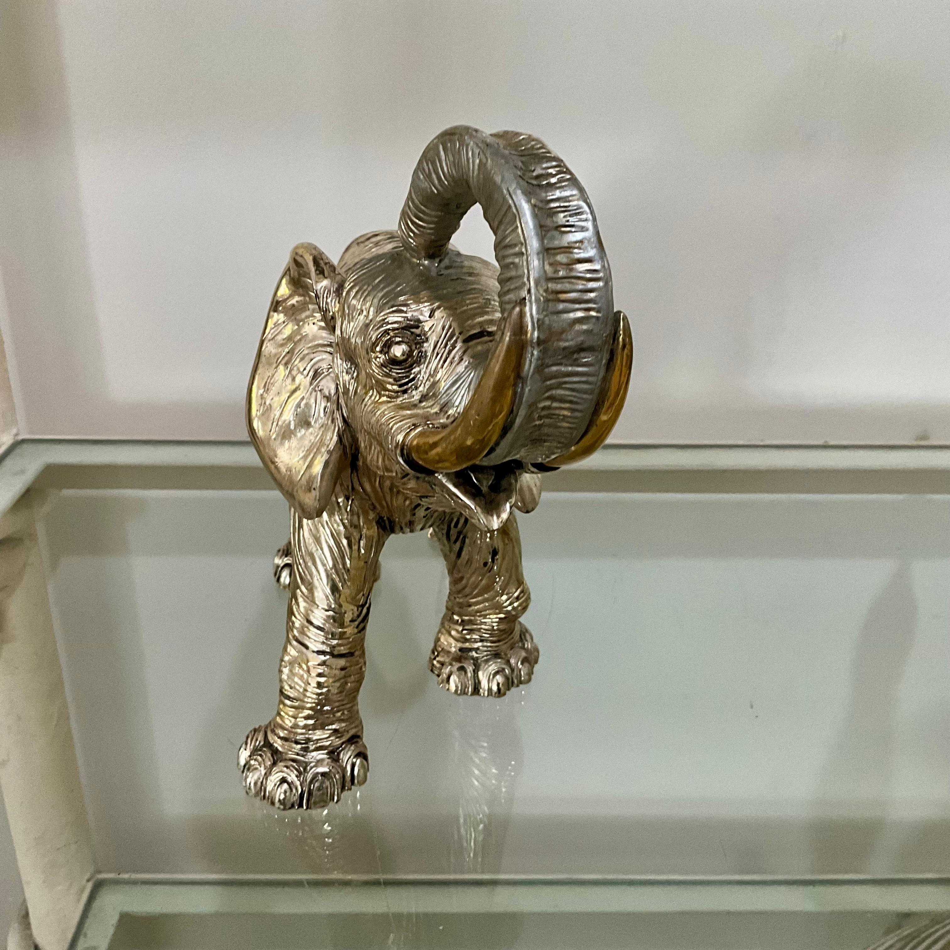 Hollywood Regency Vintage Sterling Silver Clad Elephant Sculpture with Raised Trunk, 925 Stamp in vendita